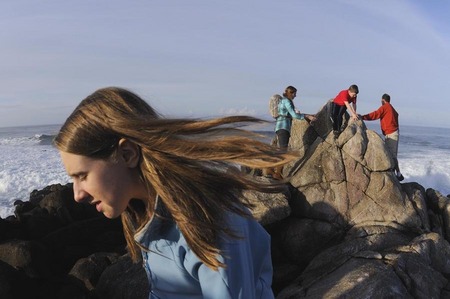 Tourists on coastal rocks